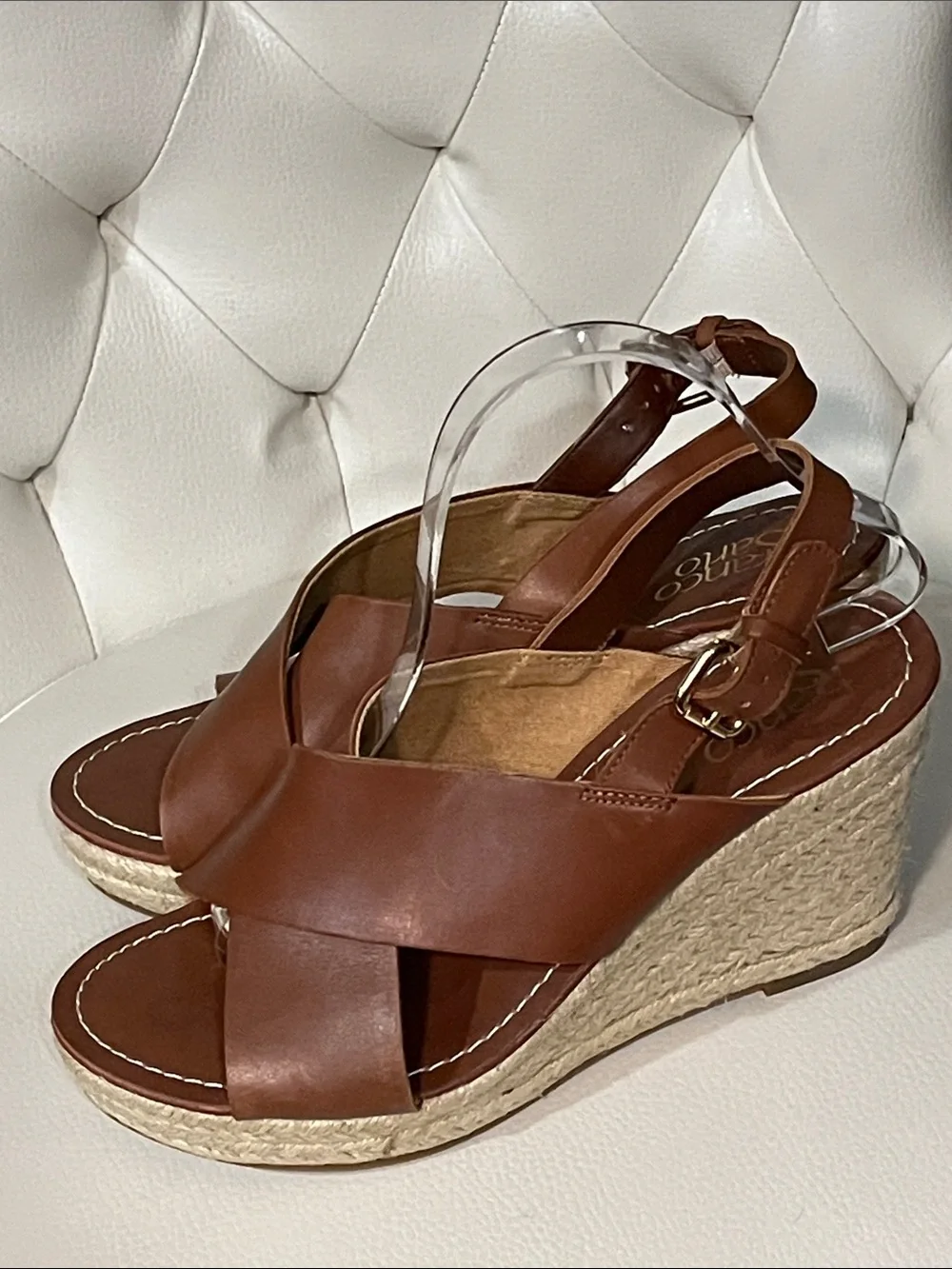 Franco Sarto Tan Brown Leather Sandals Espadrille Wedges Size 8.5